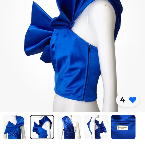 YVES SAINT LAURENT- 2016 blue Satin One Shoulder Top, Size 38/6 - Picture 2 of 5